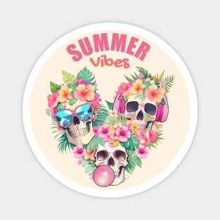 Three Tropical skull head with sunglasses,bubble gum balloon and headphones, leaves and flowers Magnet